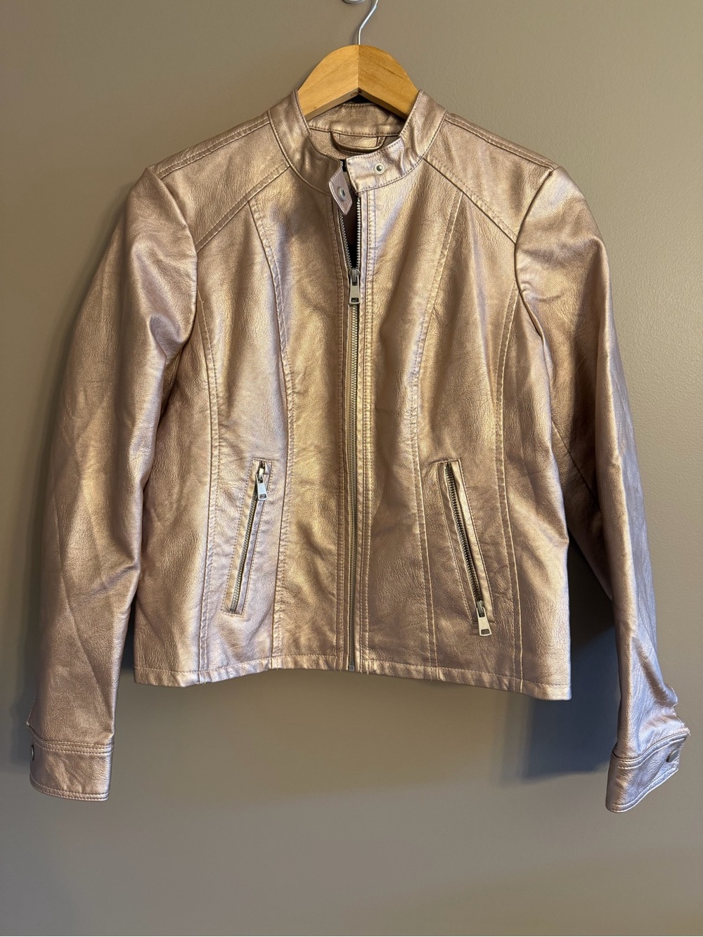 NWT Baccini Metallic Champagne Faux Leather Moto Jacket Petite Medium PM